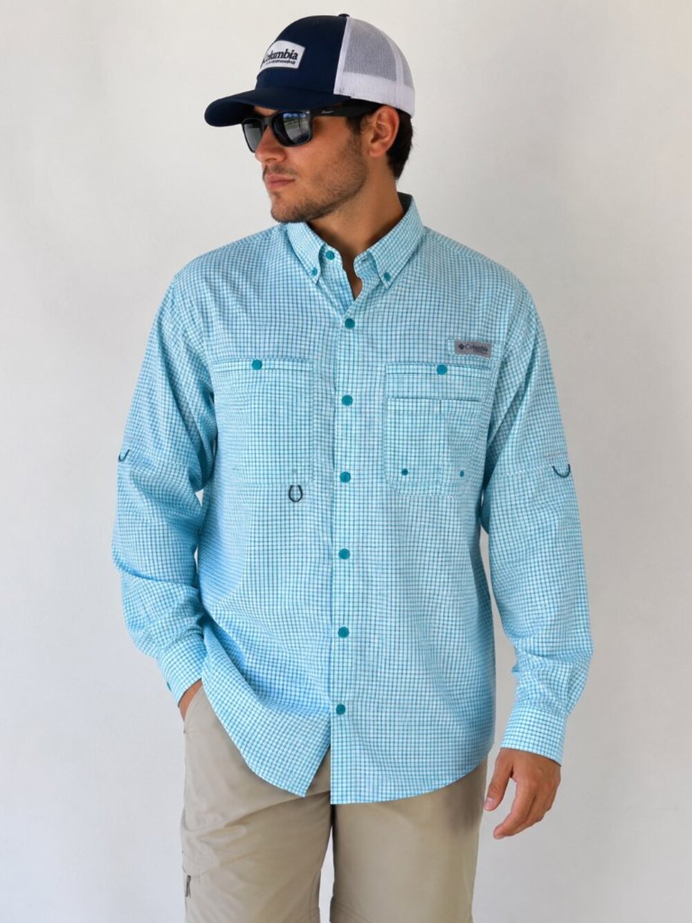 Columbia PFG Omni Shade Fishing Shirt Blue Plaid Men's Small